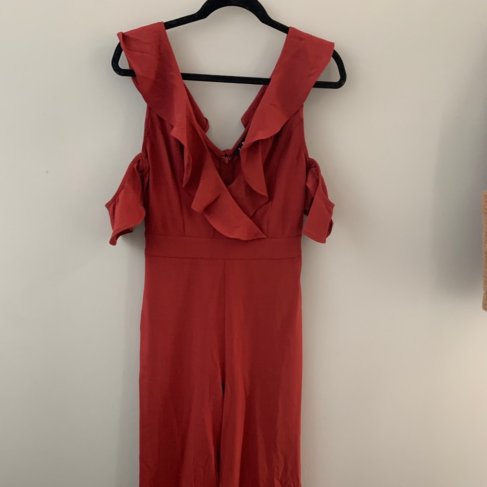 Red Ruffled Wide-Leg Off-Shoulder Jumpsuit - Picture 6 of 8